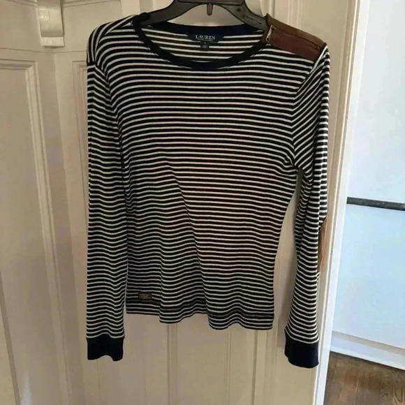 RALPH LAUREN Long Sleeve Women Shirt Elbow Patches Shoulder Zipper Size  Medium - Picture 8 of 10